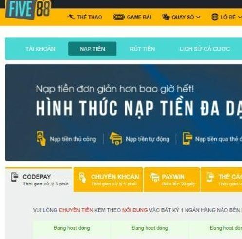 Các bước nạp tiền five88